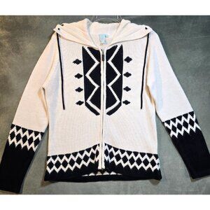Shu Shu Cashmere Blend Sweater Cardigan Ivory & Black Long Full Zip Women's XL